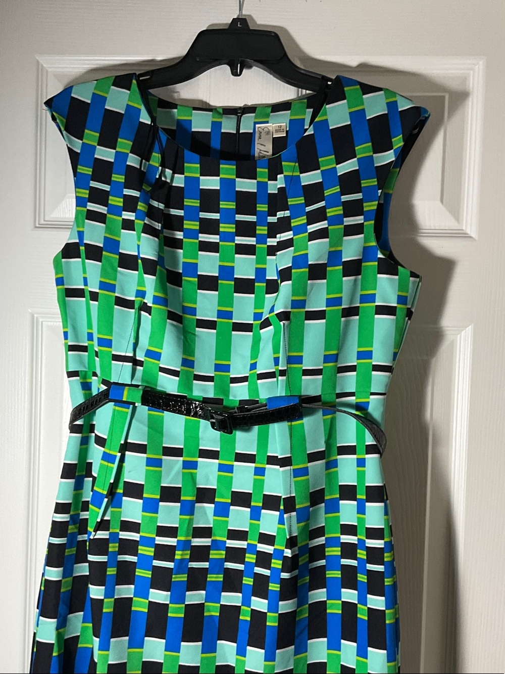 Emma & Michele Blue and Green Geometric Fit-and-Flare Dress